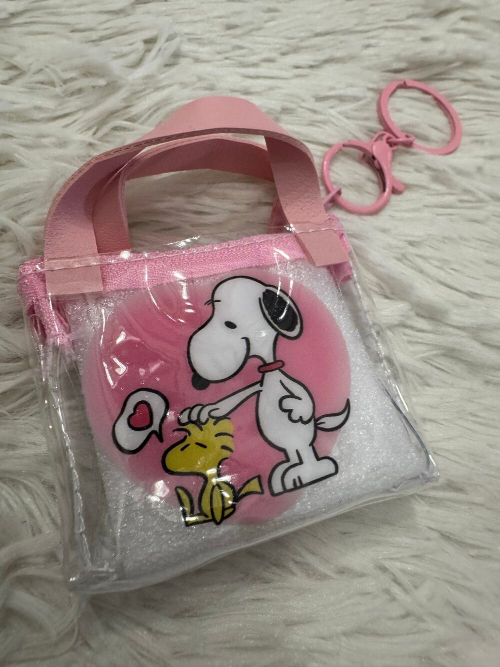 Pink Snoopy and Woodstock clear mini purse keychain with heart design